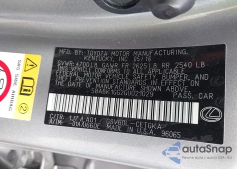 2016 Lexus Es 350 z USA, uszkodzony, nr VIN 58ABK1GG2GU021029